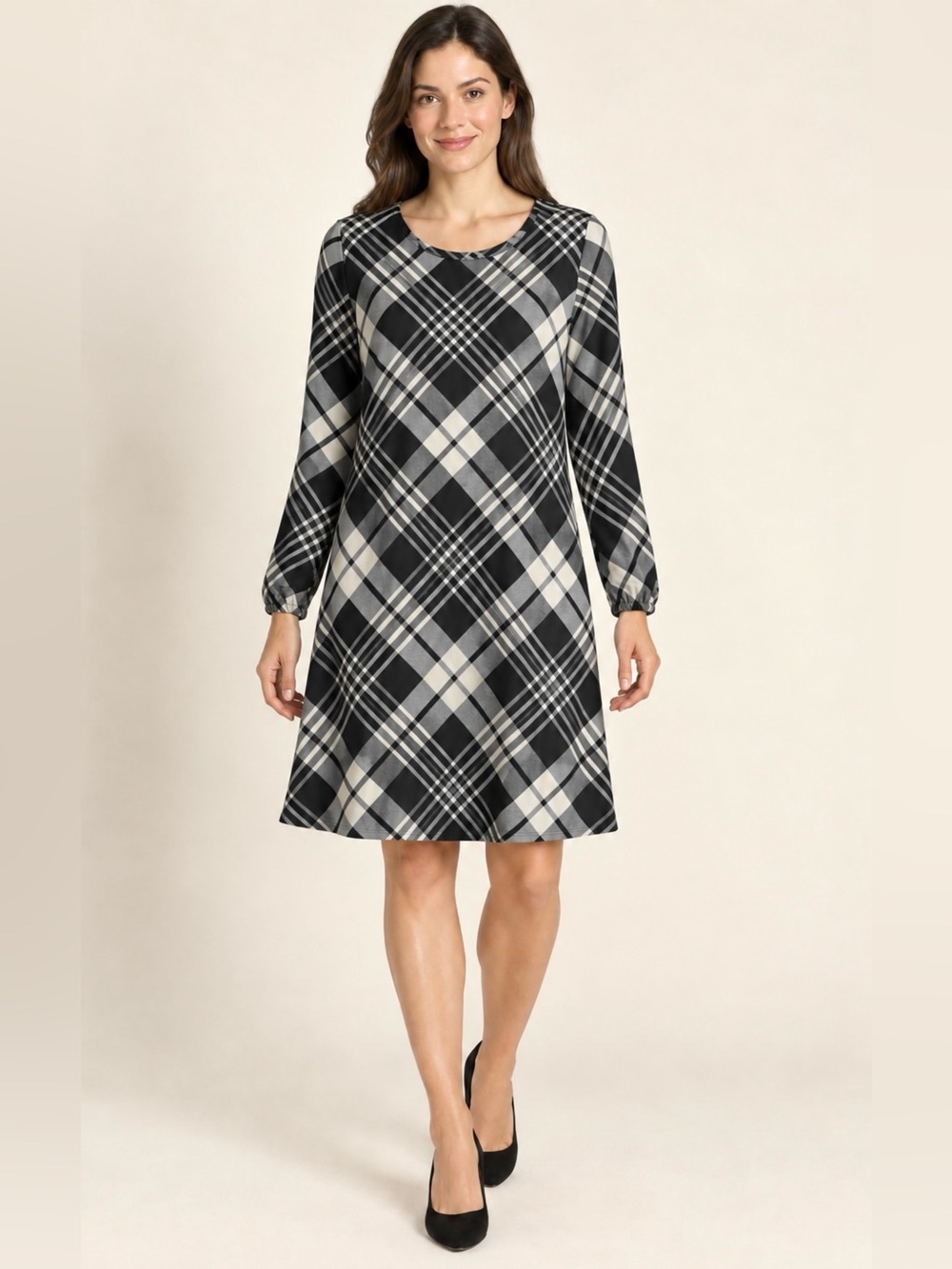 R&K Size 8 Black Gray Ivory Plaid Long Tie Sleeve A-Line Stretch Dress